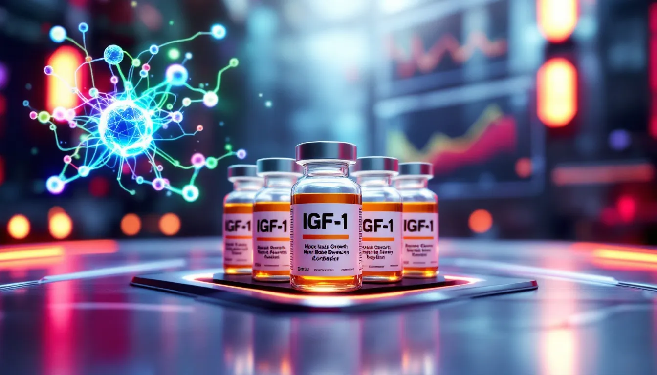 A stock photo of IGF-1 products with blurred branding for purchasing information.