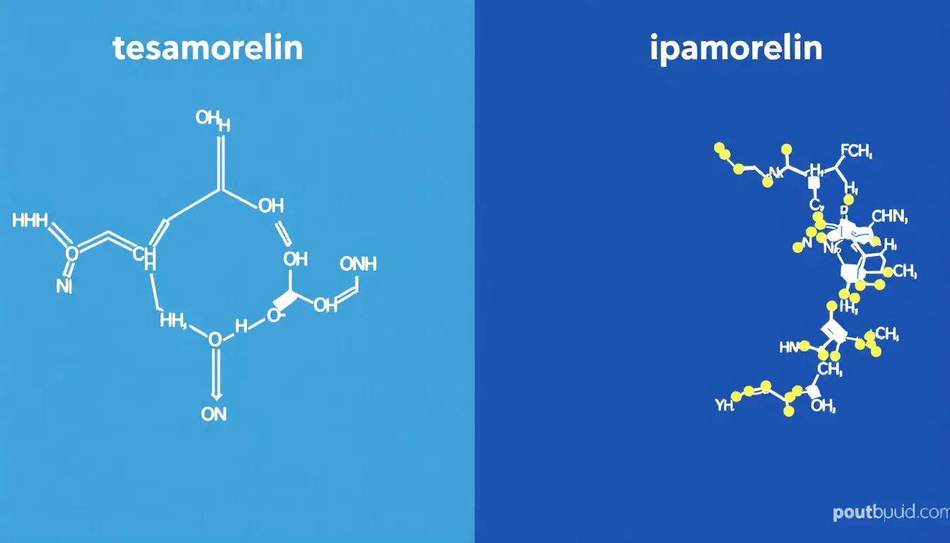 An illustration showing the structure of tesamorelin and ipamorelin, two peptides known for their role in growth hormone therapy.