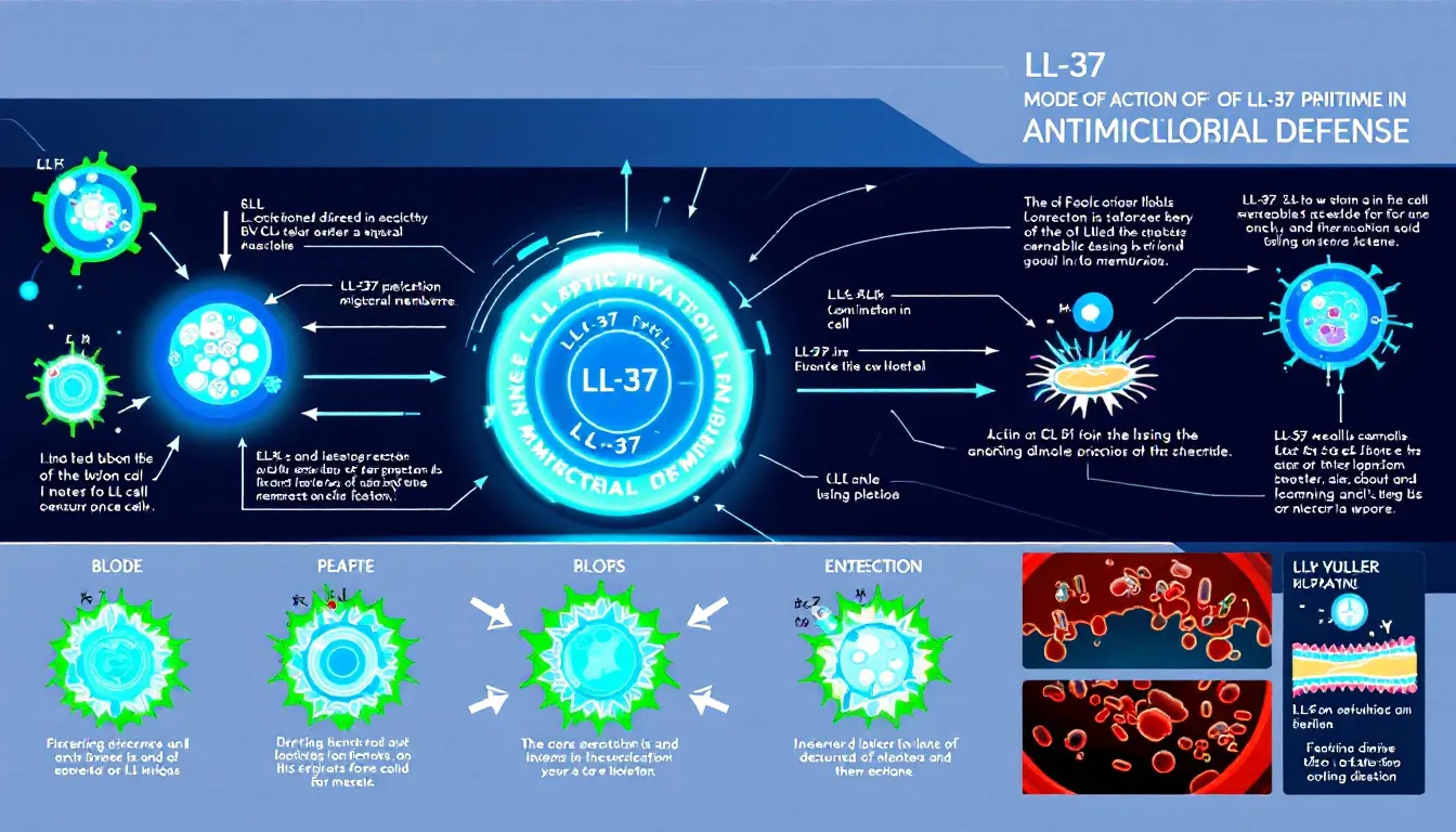 Diagram illustrating the mode of action of LL 37 peptide in antimicrobial defense.